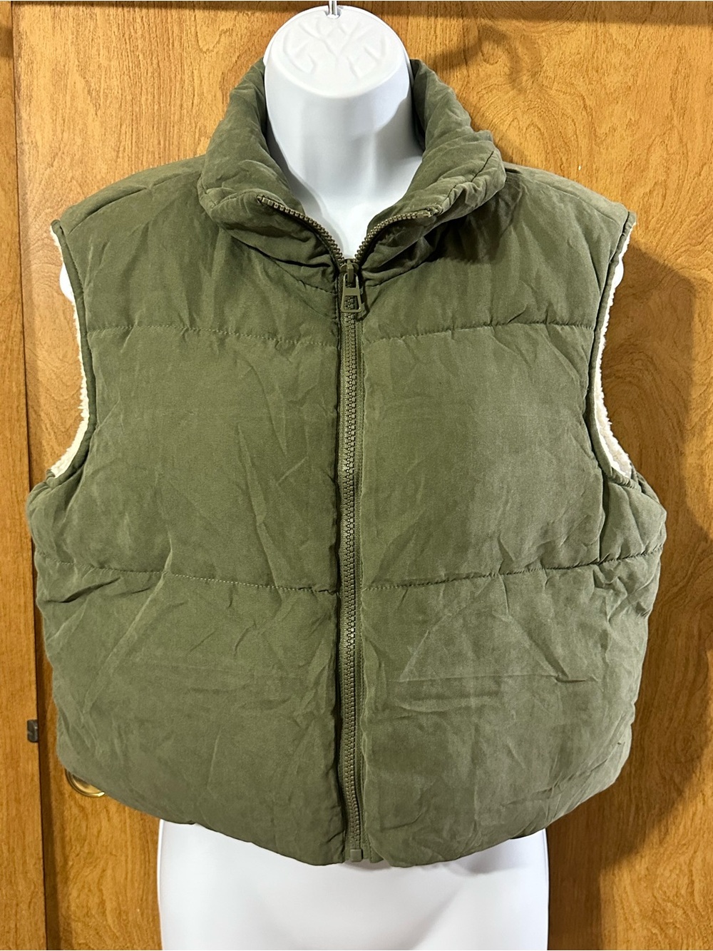 Fashion Nova Olive Puffer Vest with Sherpa Trim